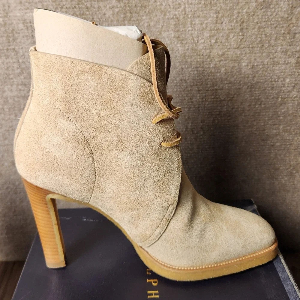 Ralph Lauren Ankle Boots Womens 8 Tan Suede Lace Up High Heel Chukka Booties